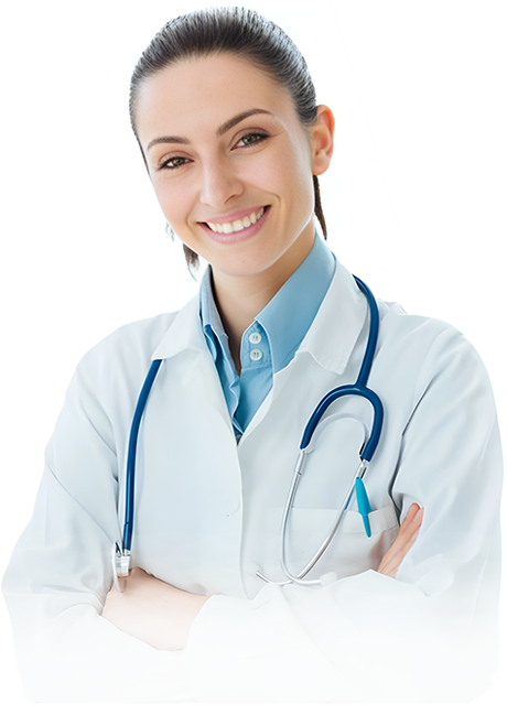 A woman in white lab coat with stethoscope around neck.